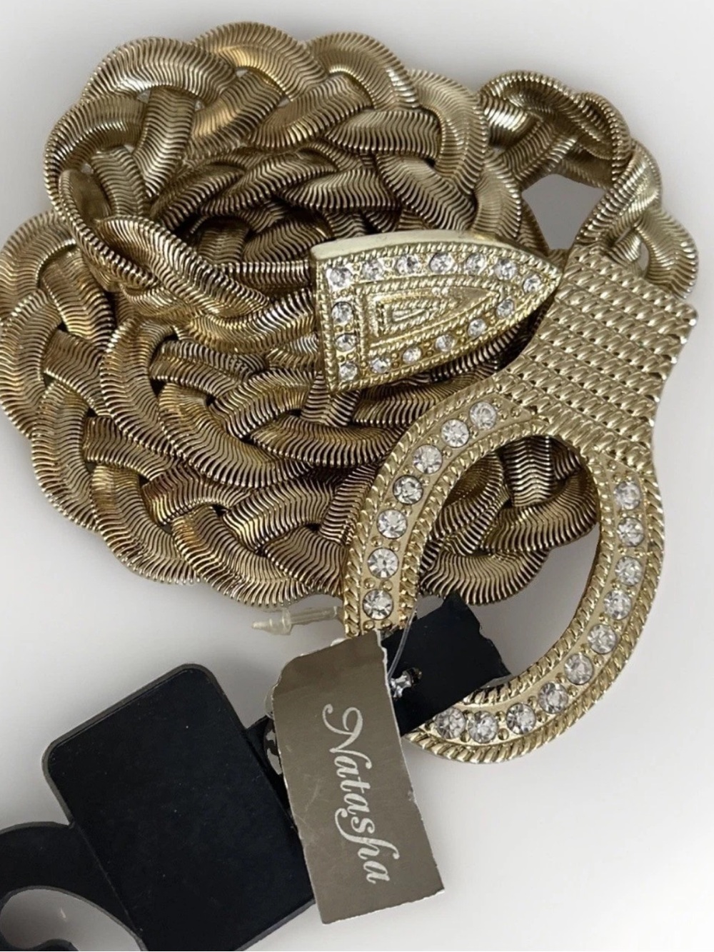 Natasha Couture Womens Gold Braided Rhinestone Chain Belt Sz Large~35" NWT